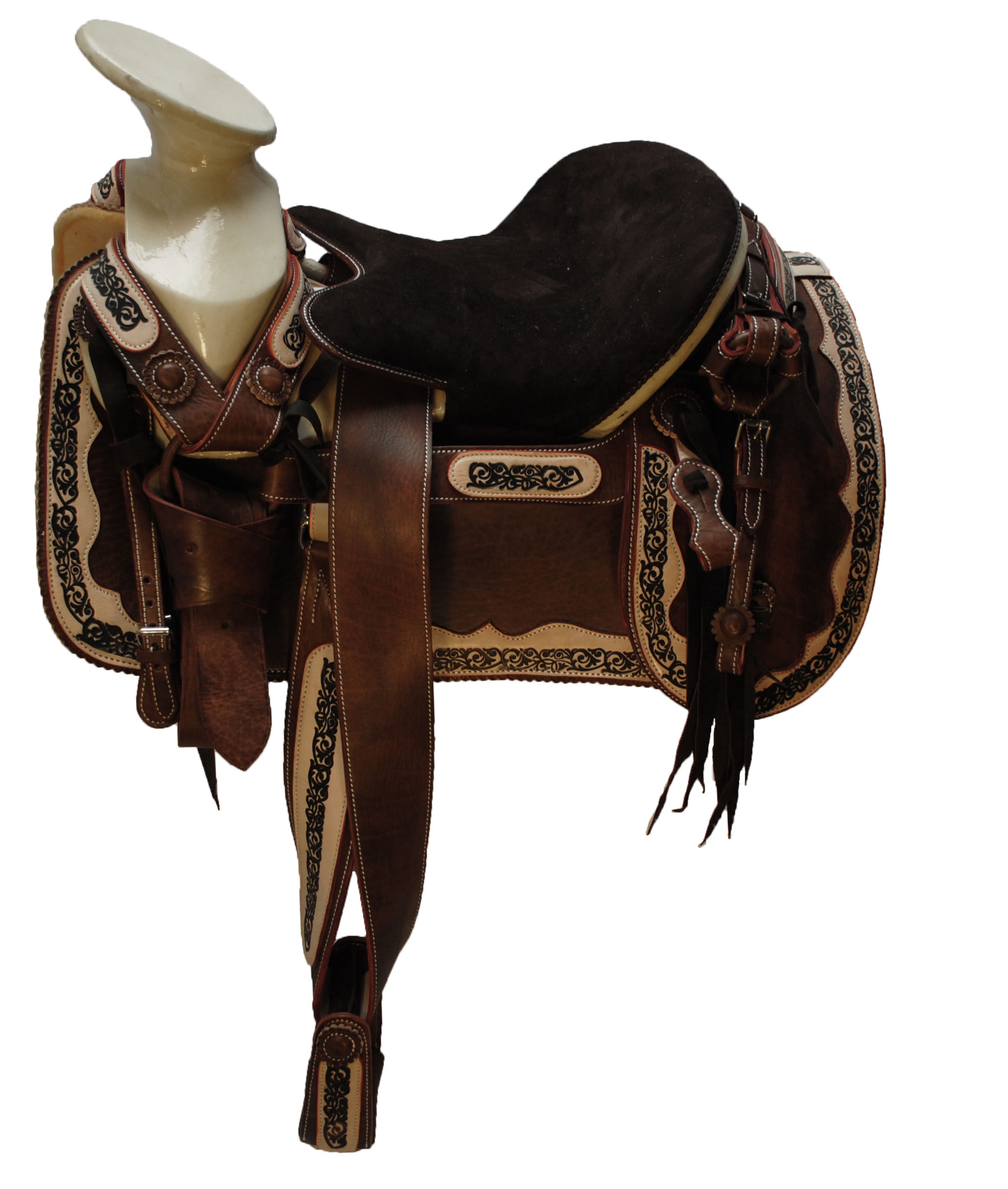 FINE PYROGRAPHY CHARRA LEATHER SADDLE WITH ORTHOPEDIC SEAT Fina Montura Charra de Cuero con Asiento 

Ortopedico