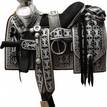 FINE CHARRO LEATHER SADDLE WITH STAINLESS STEEL PARTS Fina Montura Charra de Cuero con Partes de Acero Inoxidable