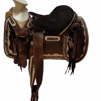 FINE PYROGRAPHY CHARRA LEATHER SADDLE WITH ORTHOPEDIC SEAT Fina Montura Charra de Cuero con Asiento 

Ortopedico