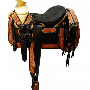 FINE PYROGRAPHY CHARRA LEATHER SADDLE WITH ORTHOPEDIC SEAT Fina Montura Charra de Cuero con Asiento 

Ortopedico