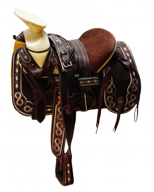 FINE CHARRO LEATHER SADDLE WITH REGULAR PARTS Fina Montura Charra de Cuero con Partes Regulares