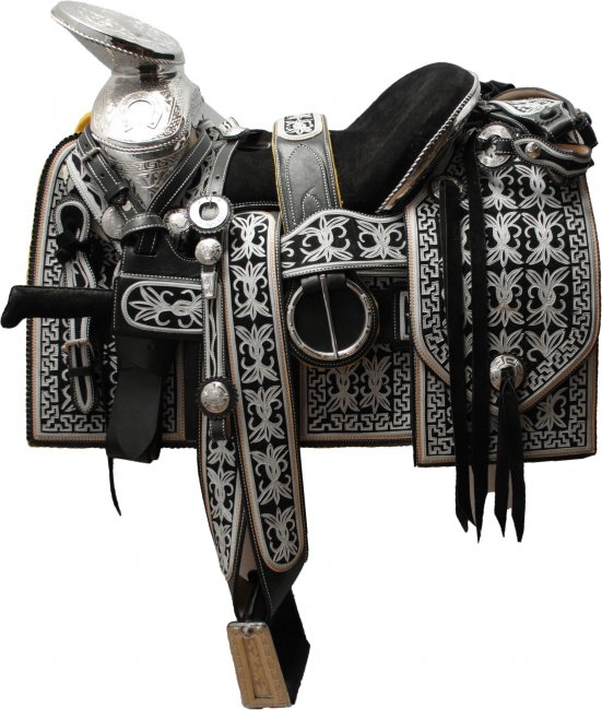 FINE CHARRO LEATHER SADDLE WITH STAINLESS STEEL PARTS Fina Montura Charra de Cuero con Partes de Acero Inoxidable