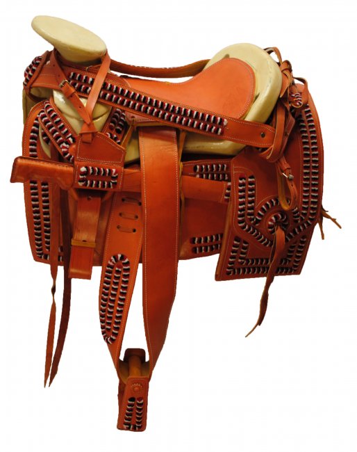 TRADITIONAL CHARRO LEATHER SADDLE WITH MACHETE Tradicional Montura Charra de Cuero con Machete