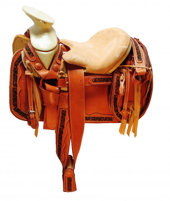 FINE PYROGRAPHY CHARRO LEATHER SADDLE WITH ORTHOPEDIC SEAT Fina Montura Charra de Cuero con Asiento 

Ortopedico