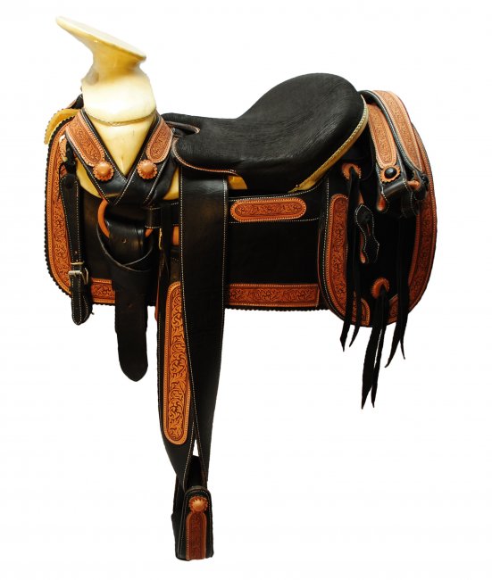 FINE PYROGRAPHY CHARRA LEATHER SADDLE WITH ORTHOPEDIC SEAT Fina Montura Charra de Cuero con Asiento 

Ortopedico